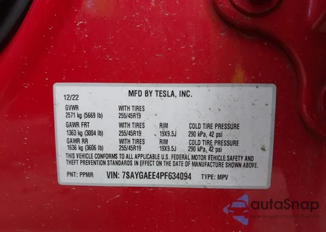 2023 Tesla Model Y Awd/Long Range Dual Motor All-Wheel Drive из США, поврежденный, VIN 7SAYGAEE4PF634094